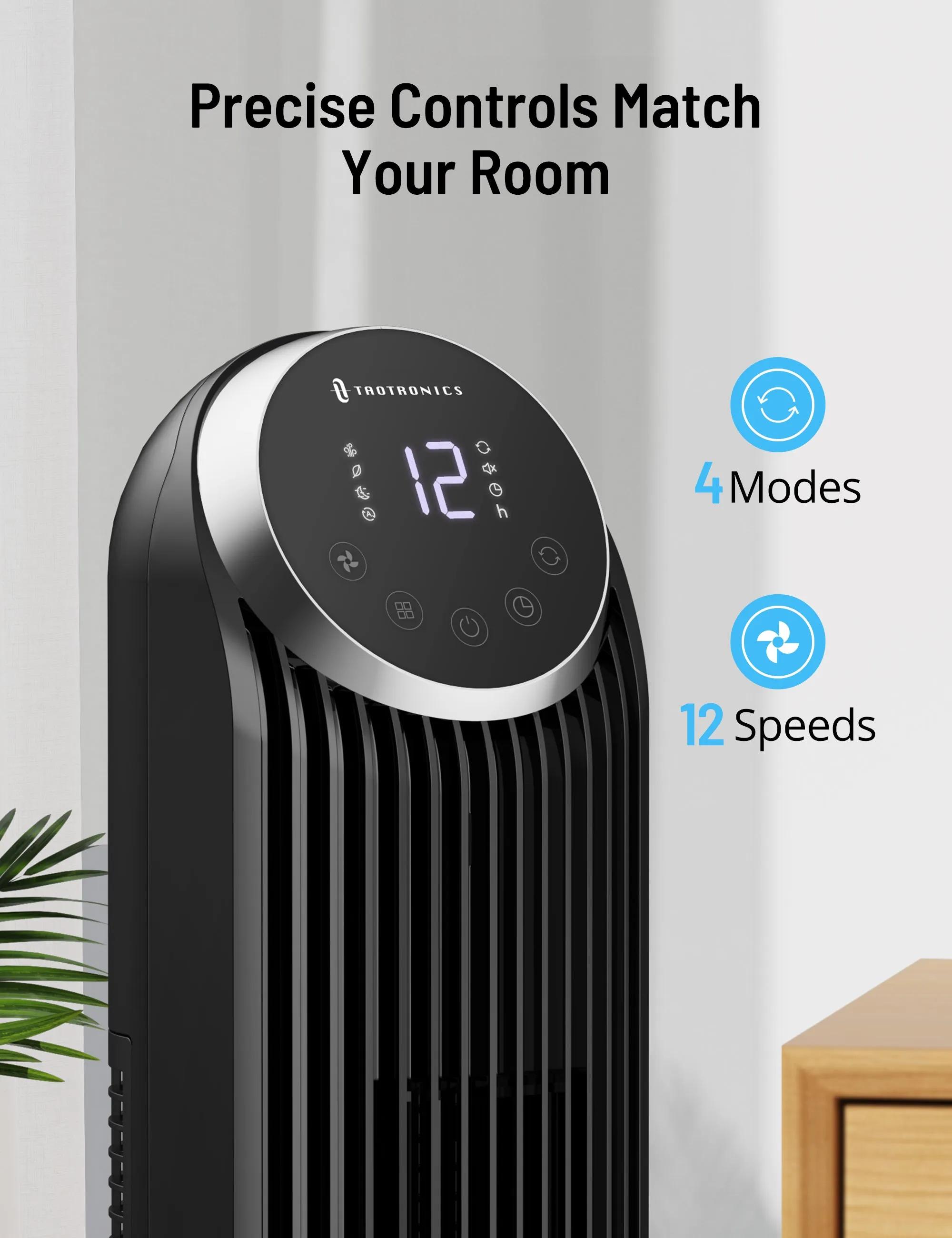 TaoTronics 42” Tower Fan, 120° Oscillating Fan, 12 Speeds, 4 Modes, Standing Fan with Remote for Bedroom