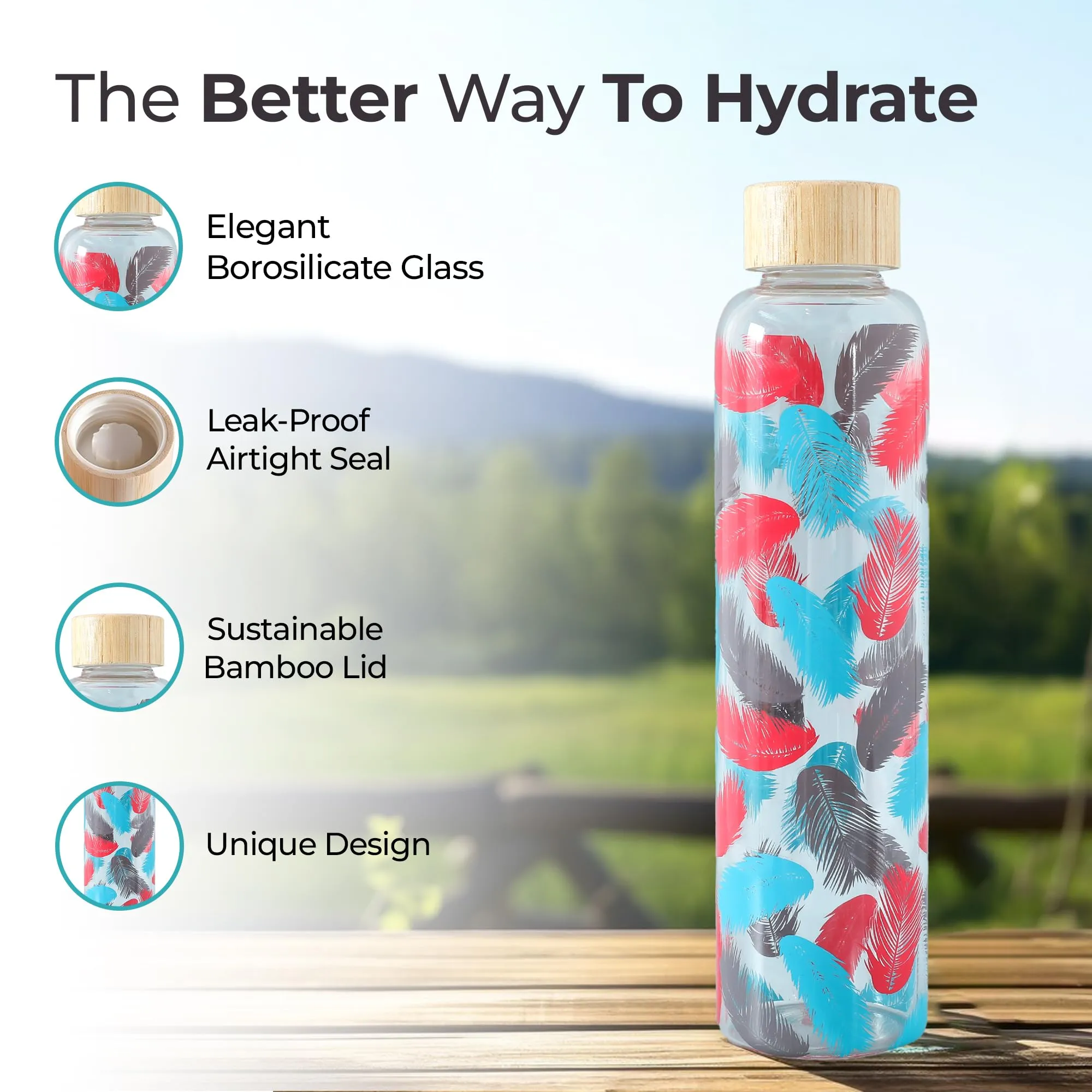 The Better Home Borosilicate Glass Water Bottle with Sleeve (500ml) | Bamboo Lid | Fridge Water Bottles for Men, Women (Colorful)