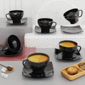 The Earth Store Ceramic Black Shine Microwave Safe Tea Cup Set with Saucer Ideal Best Gift for Friends, Family, Home, Office use, Kitchen Cup Set (Set of 6)