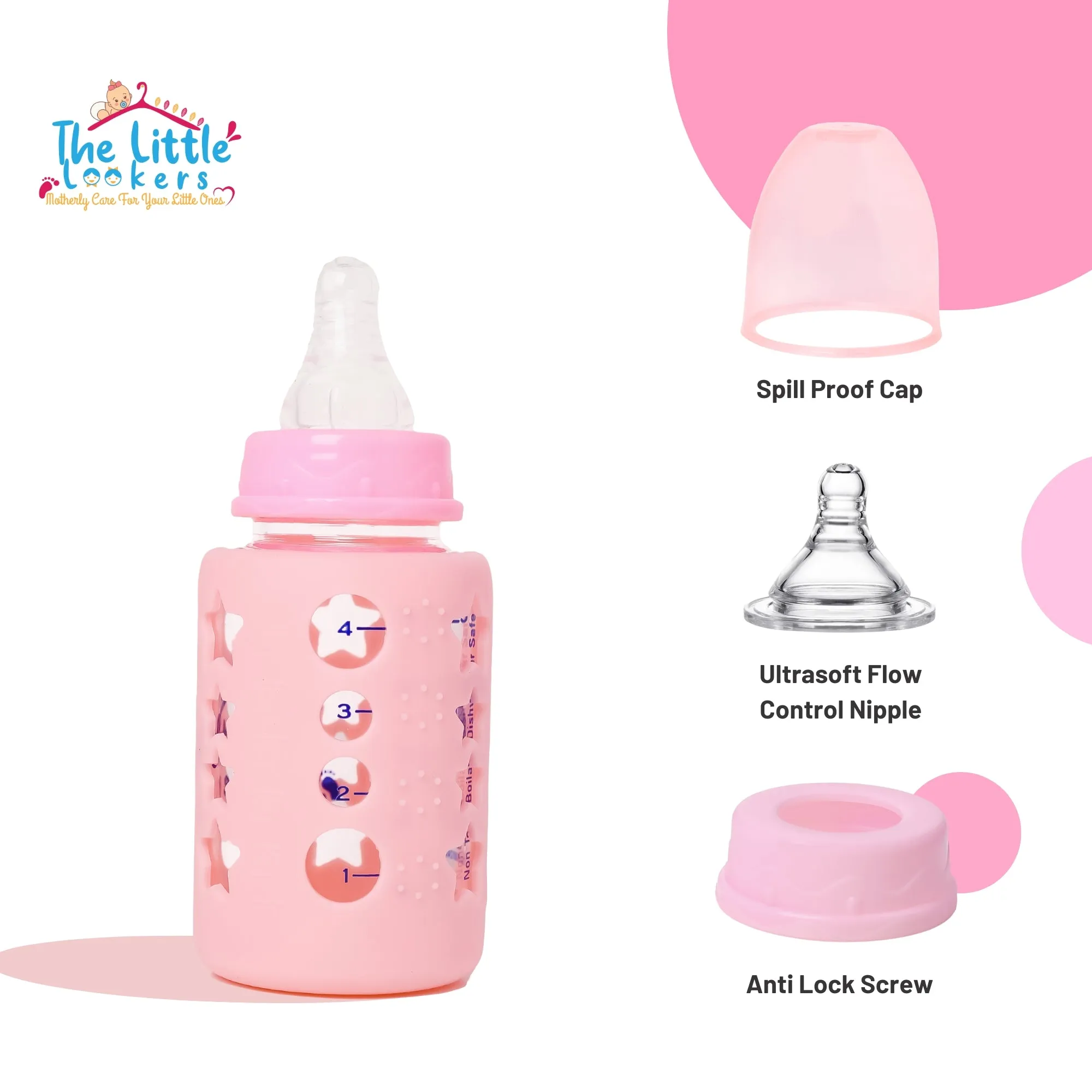 The Little Lookers High Borosilicate Glass Feeding Bottle for Baby/Feeder for Newborn | Super Soft Flow Control & Anti Colic Nipple for Infants/Toddlers