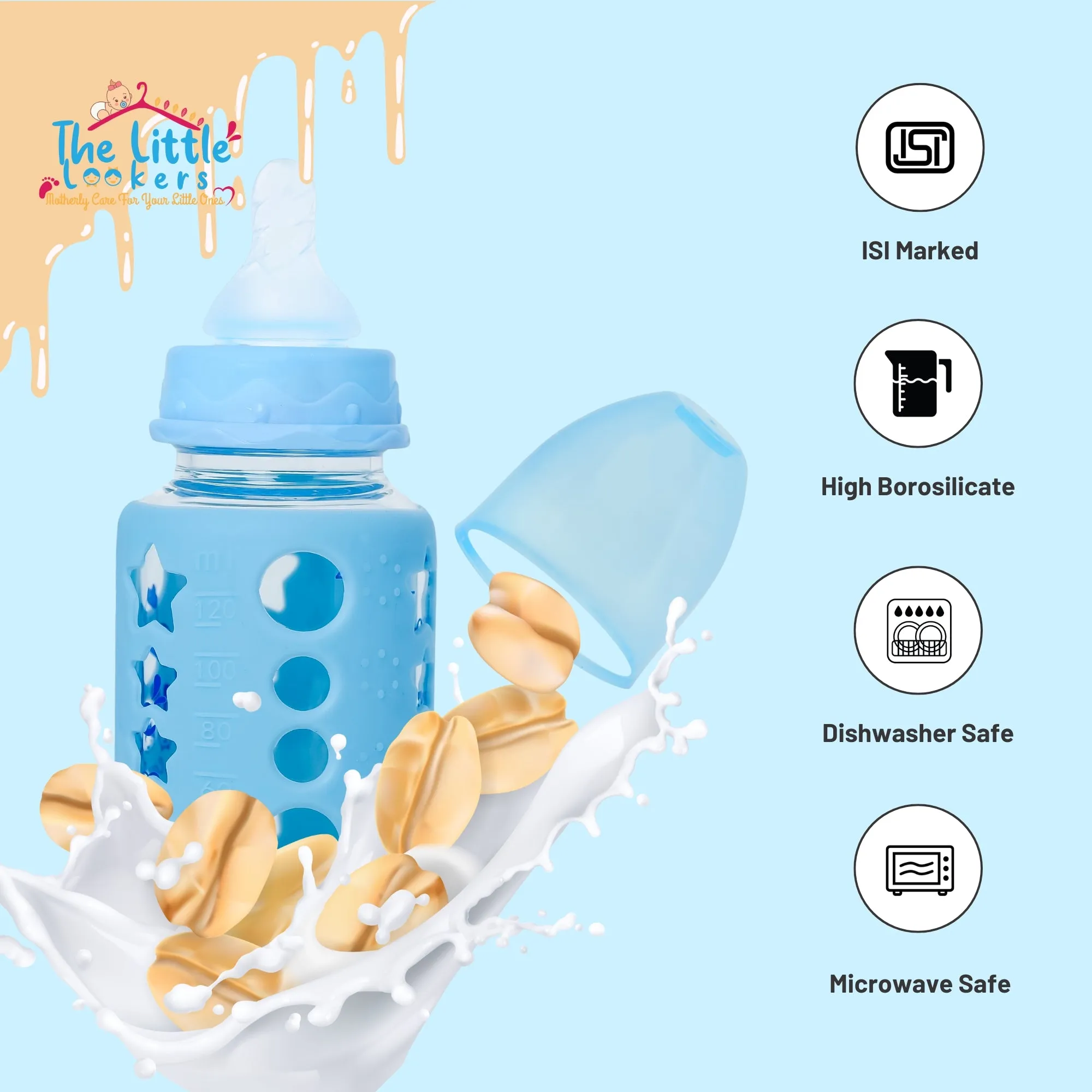 The Little Lookers High Borosilicate Glass Feeding Bottle for Baby/Feeder for Newborn | Super Soft Flow Control & Anti Colic Nipple for Infants/Toddlers