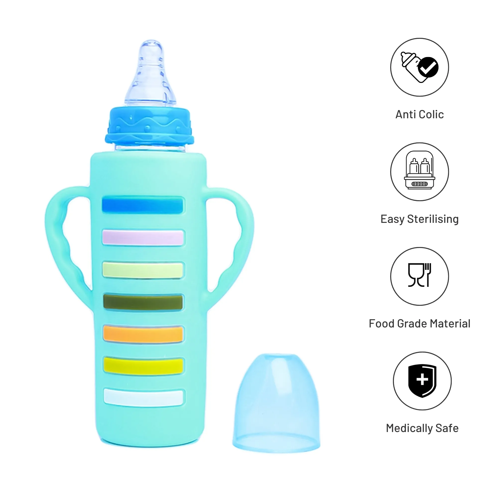 The Little Lookers High Borosilicate Glass Feeding Bottle with Handle Silicon Cover for Baby/Feeder for Newborn | Super Soft Flow Control & Anti Colic Nipple for Infants/Toddlers