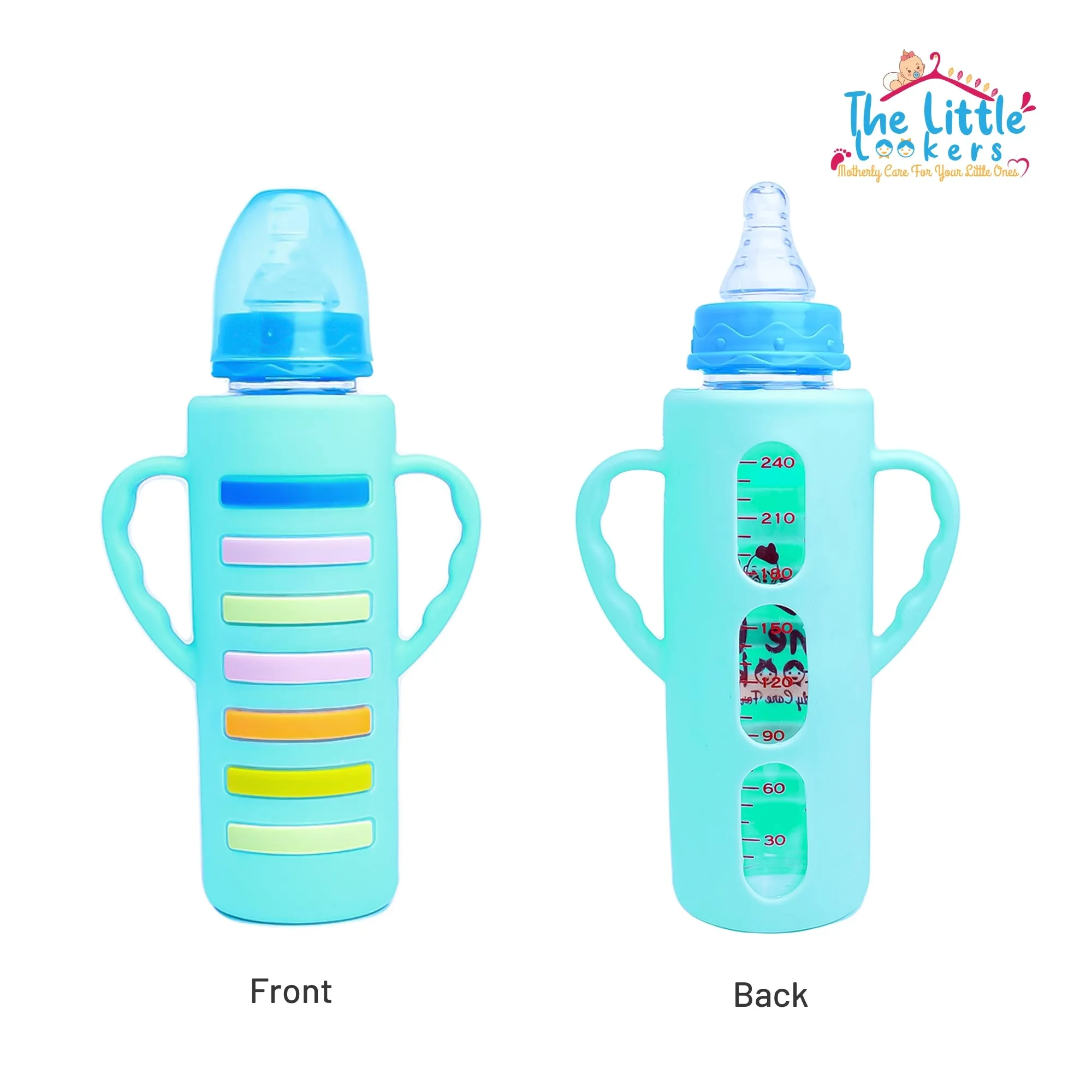 The Little Lookers High Borosilicate Glass Feeding Bottle with Handle Silicon Cover for Baby/Feeder for Newborn | Super Soft Flow Control & Anti Colic Nipple for Infants/Toddlers