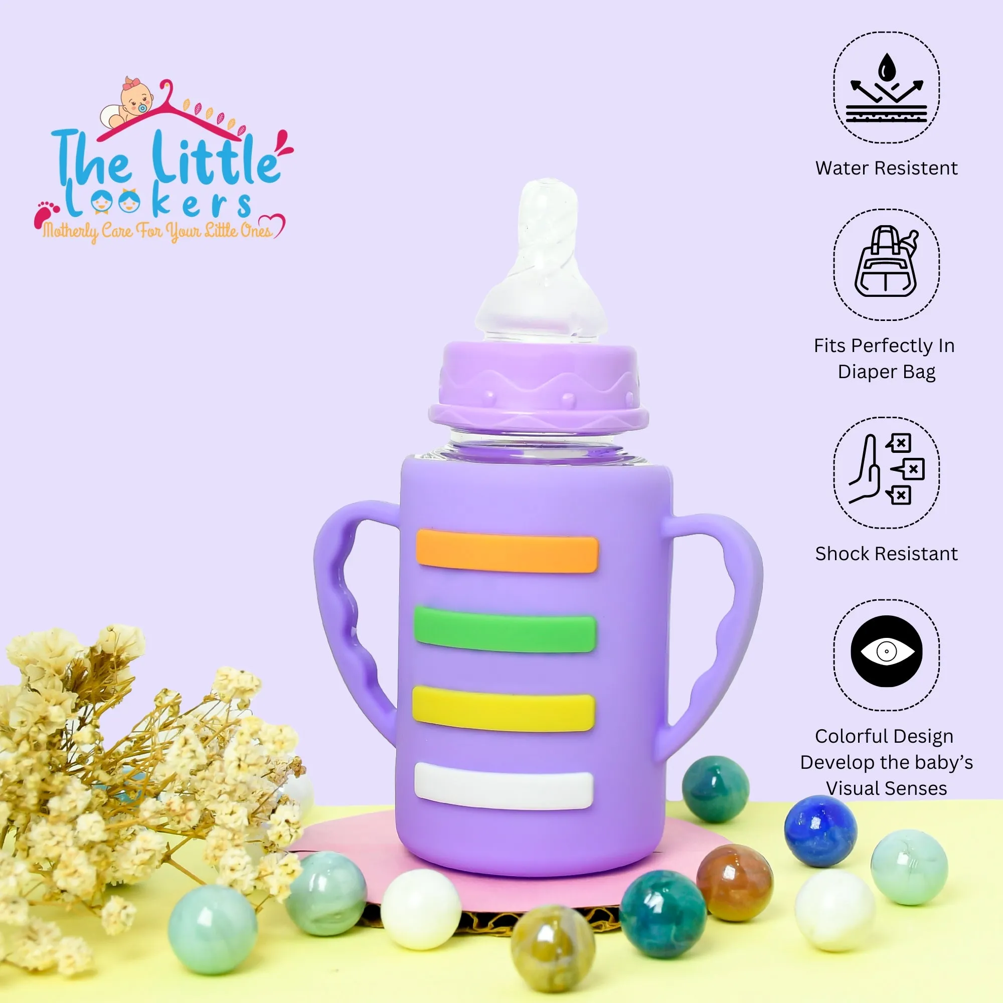 The Little Lookers High Borosilicate Glass Feeding Bottle with Handle Silicon Cover for Baby/Feeder for Newborn | Super Soft Flow Control & Anti Colic Nipple for Infants/Toddlers