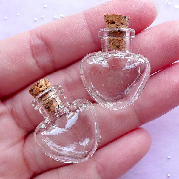 Tiny Heart Bottle | Mini Glass Vial with Cork | Small Glass Jar | Love Pendant DIY (22mm x 25mm / 2 pcs)