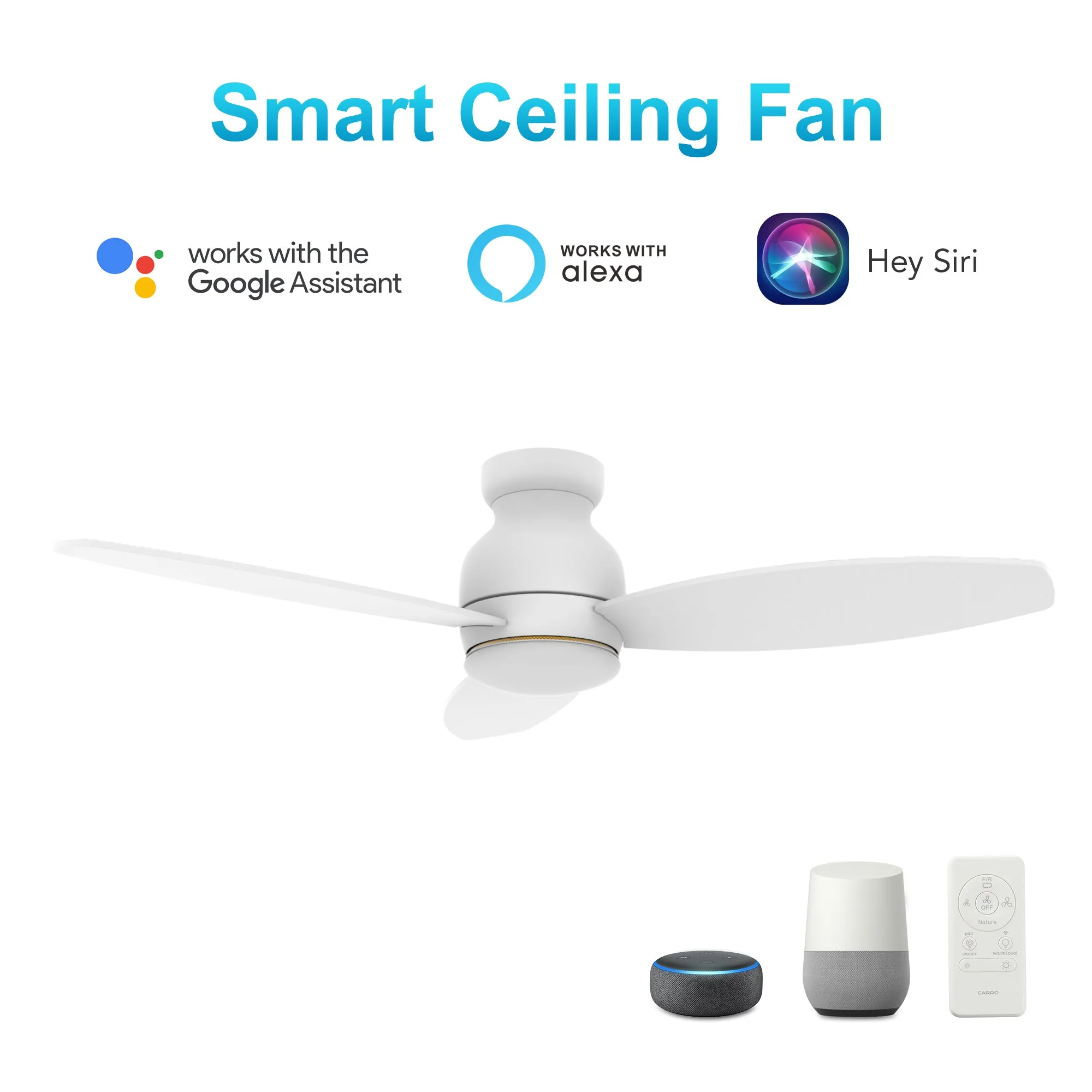 TRENTO 48 inch 3-Blade Flush Mount Smart Ceiling Fan with LED Light Kit & Remote - White/White