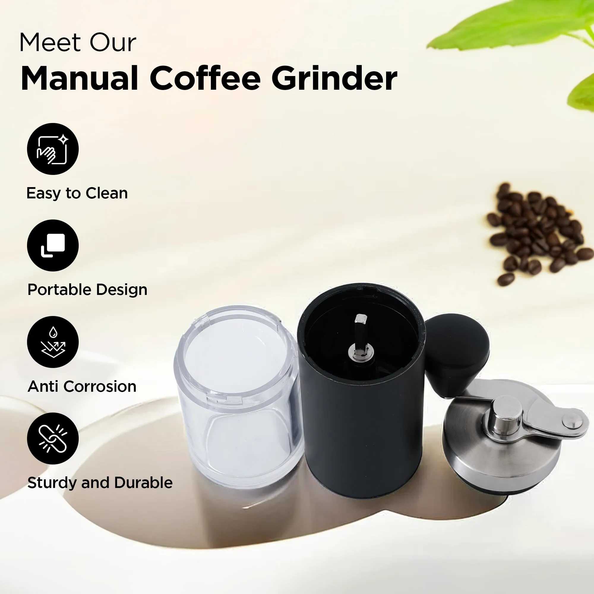 UMAI Manual Coffee Grinder | Ceramic Grinder Core | Portable Kitchen Home | Stainless Steel Shell & Handle | ABS Plastic Jar | Coffee Grinder Manual | Coffee Bean Grinder | Coffee Crusher (Black)