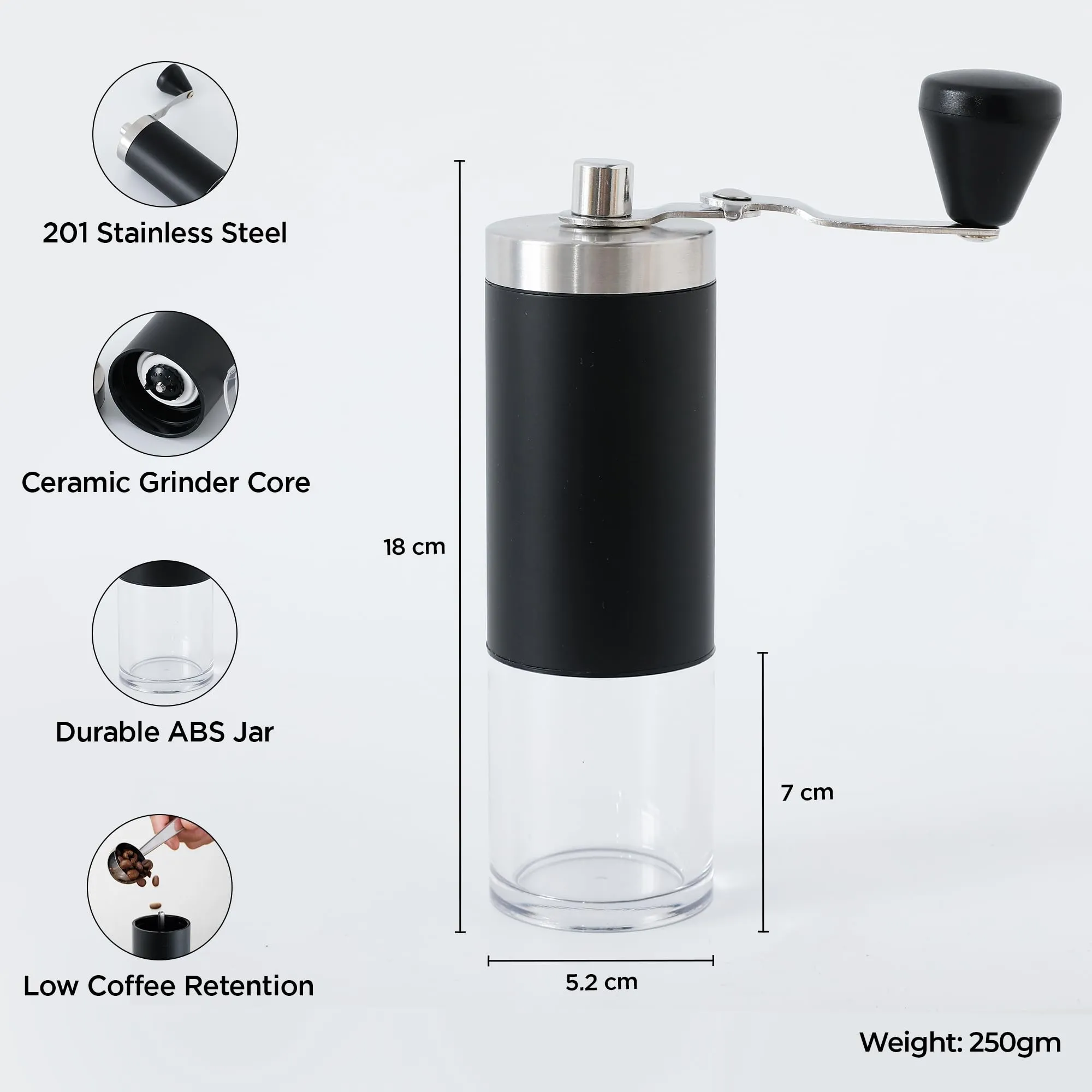 UMAI Manual Coffee Grinder | Ceramic Grinder Core | Portable Kitchen Home | Stainless Steel Shell & Handle | ABS Plastic Jar | Coffee Grinder Manual | Coffee Bean Grinder | Coffee Crusher (Black)