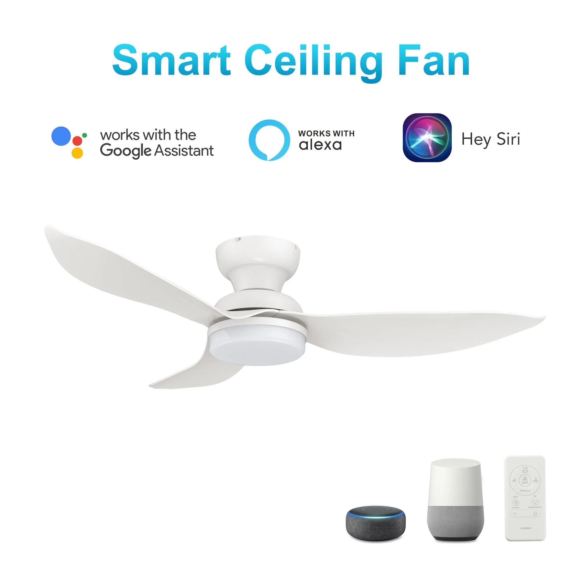 UPTON 45 inch 3-Blade Flush Mount Smart Ceiling Fan with LED Light Kit & Remote- White/White