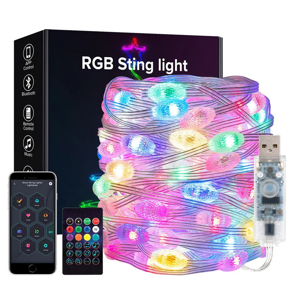 USB Christmas String Light Bluetooth Music APP Remote DC5V WS2812B Party Wedding Garden Backyard Star Rugby Strawberries