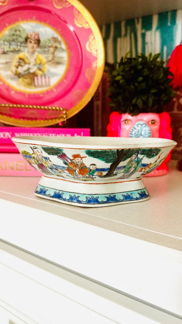 Vintage Pedestal Bowl, Hand Painted, Chinoiserie, Figural Design