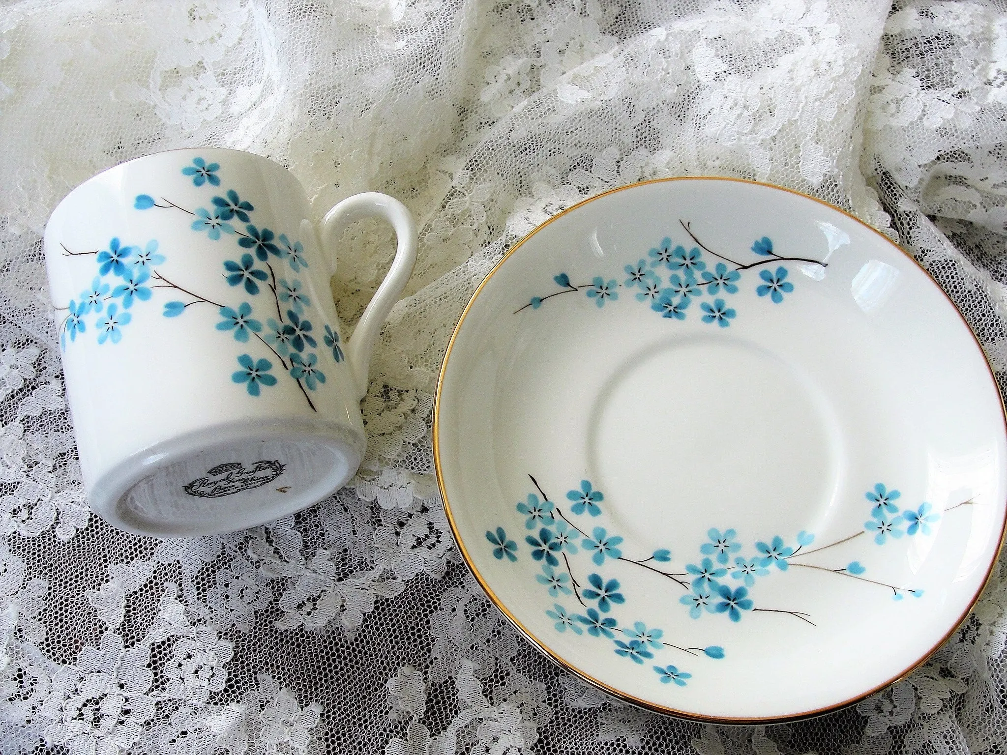 VINTAGE Royal Grafton English Bone China Demitasse Cup and Saucer,Cheerful Blue Flowers,Farmhouse,French Cottage,Collectible Cappuccino Cups