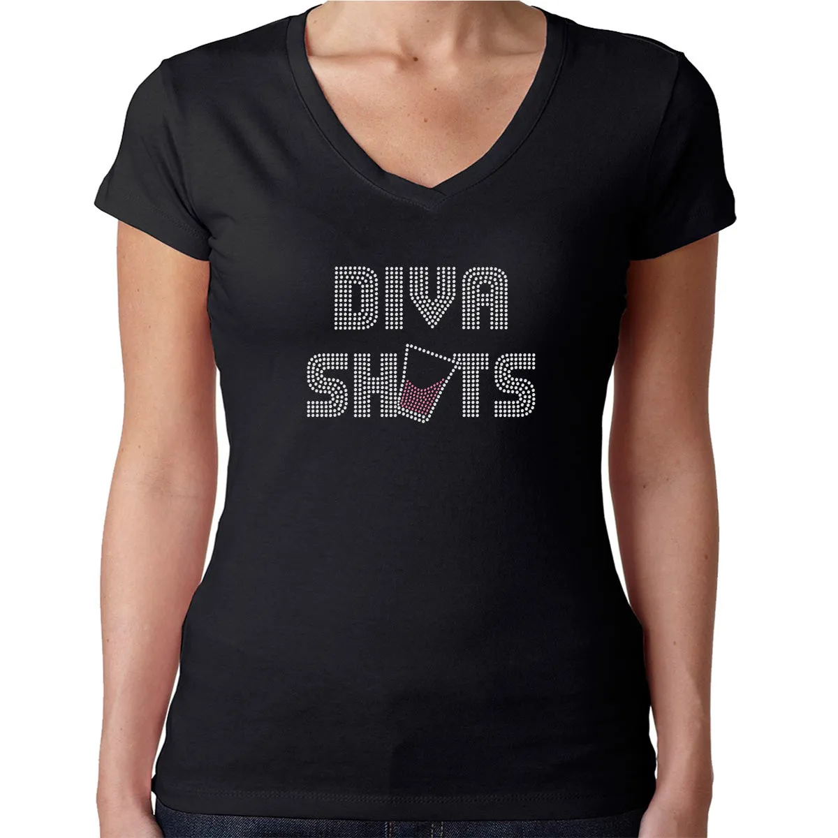 Womens T-Shirt Rhinestone Bling Black Fitted Tee Diva Glass Shot Sparkle