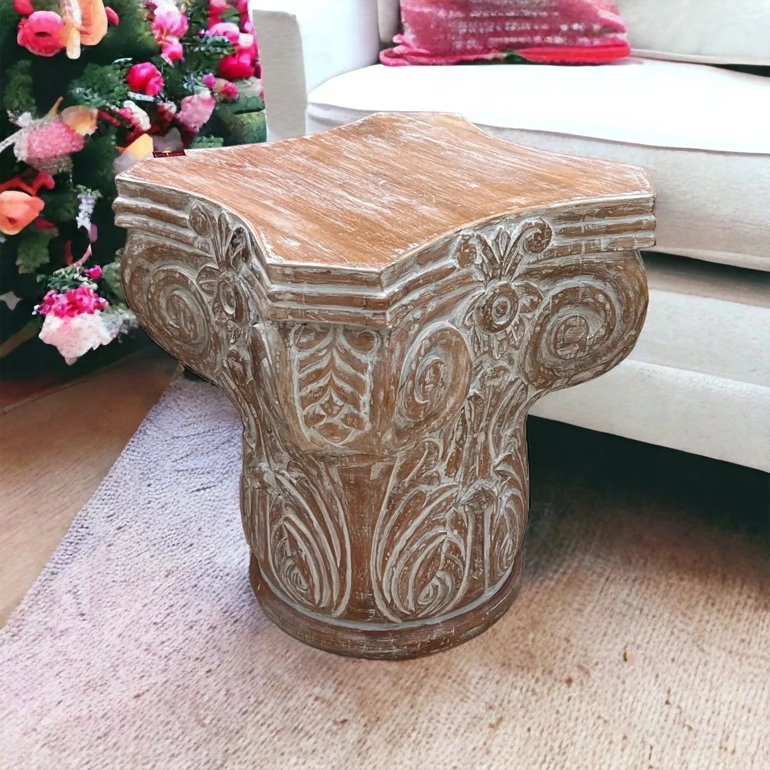 Wooden Twist Hand Carved Pedestal Style End Table Mango Wood