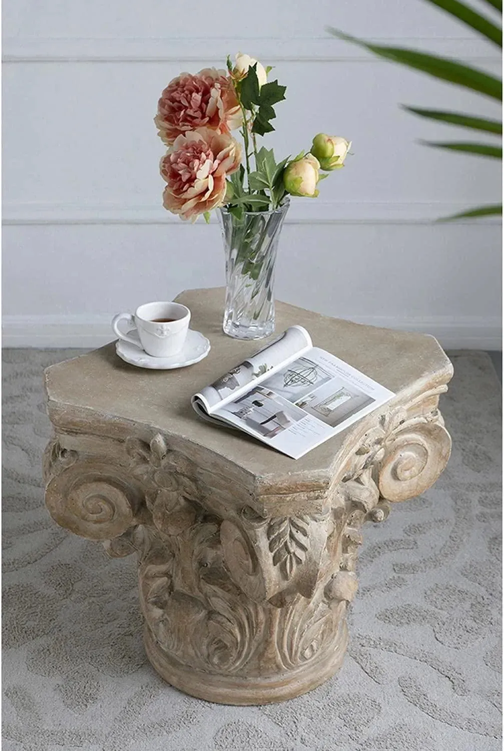 Wooden Twist Hand Carved Pedestal Style End Table Mango Wood