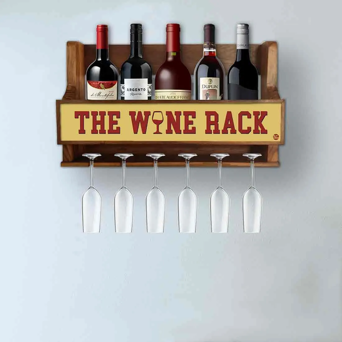 Wooden Wine Cabinet Rack Wall Mounted Mini Bar for 5 Bottles 6 Glasses