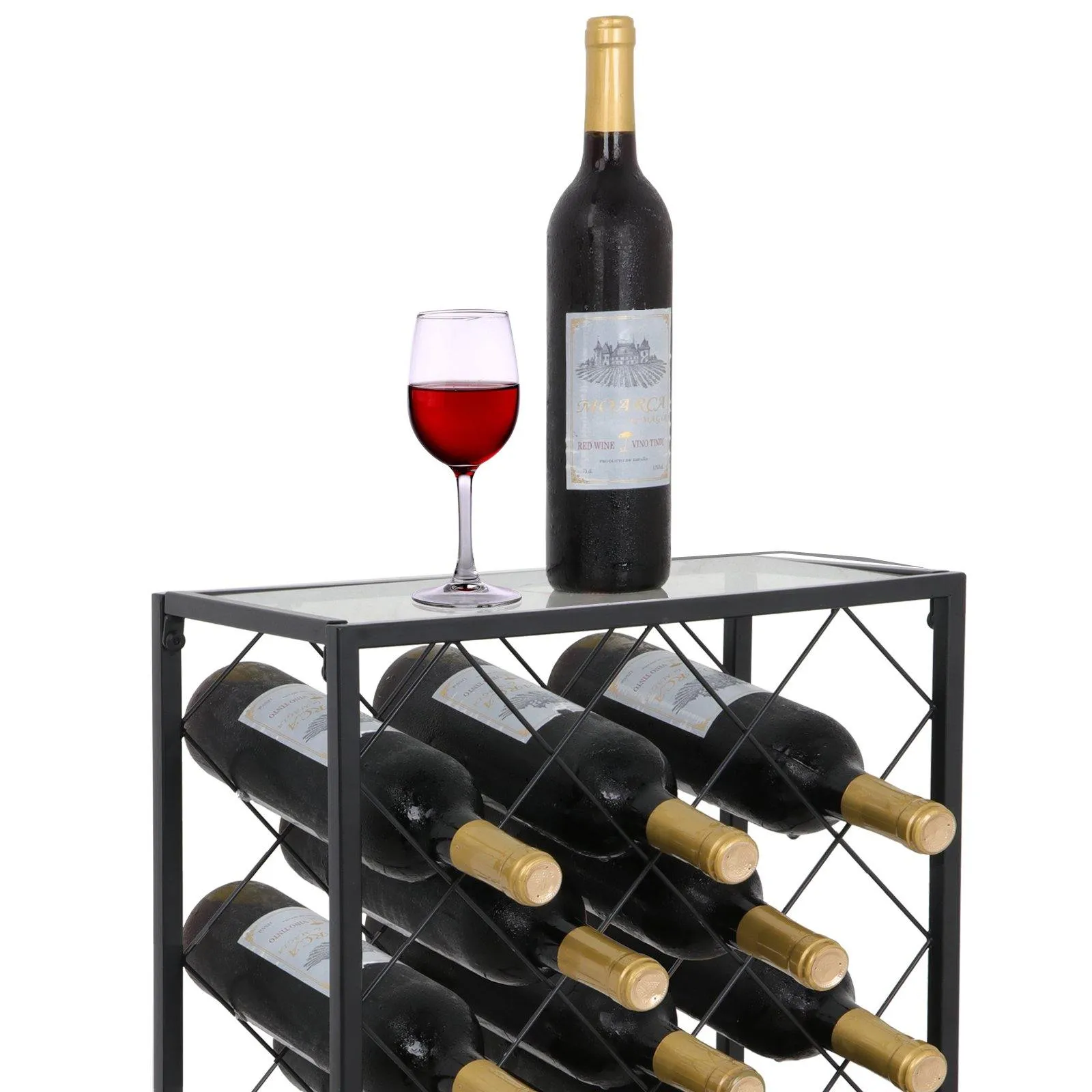 ZENY™ Black 23 Bottle Wine Rack w/ Glass Table Top Free-standing Floor Steel Wine Holder Organizer Wine Display Shelf