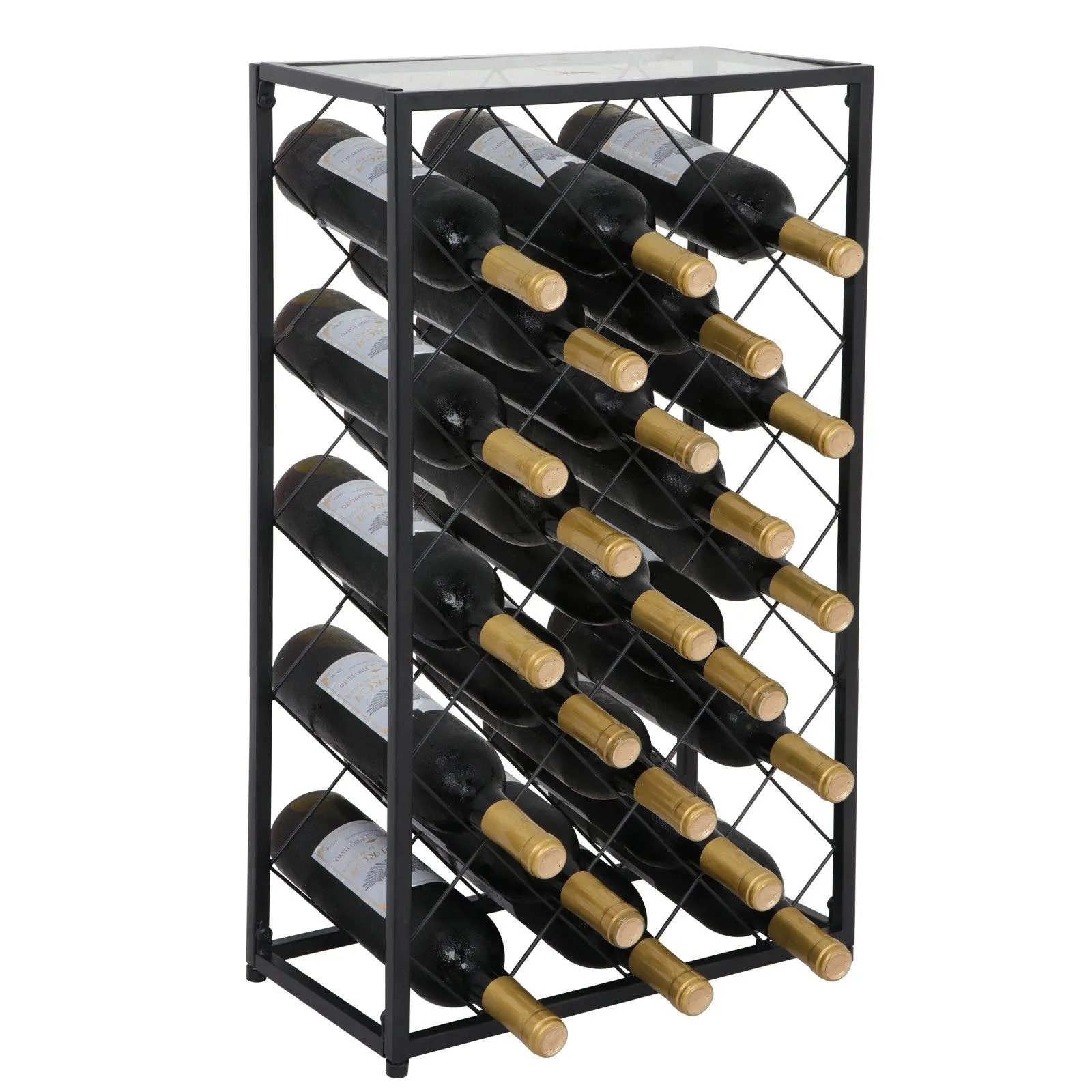 ZENY™ Black 23 Bottle Wine Rack w/ Glass Table Top Free-standing Floor Steel Wine Holder Organizer Wine Display Shelf